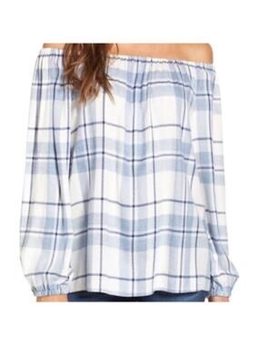 Two  Vince Camuto Petite XS Madras Plaid Off The Shoulder Long Sleeve Blouse